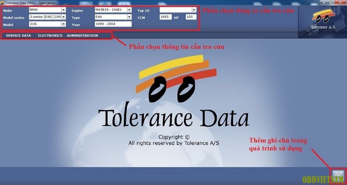 Giao diện phần mềm Tolerance Data