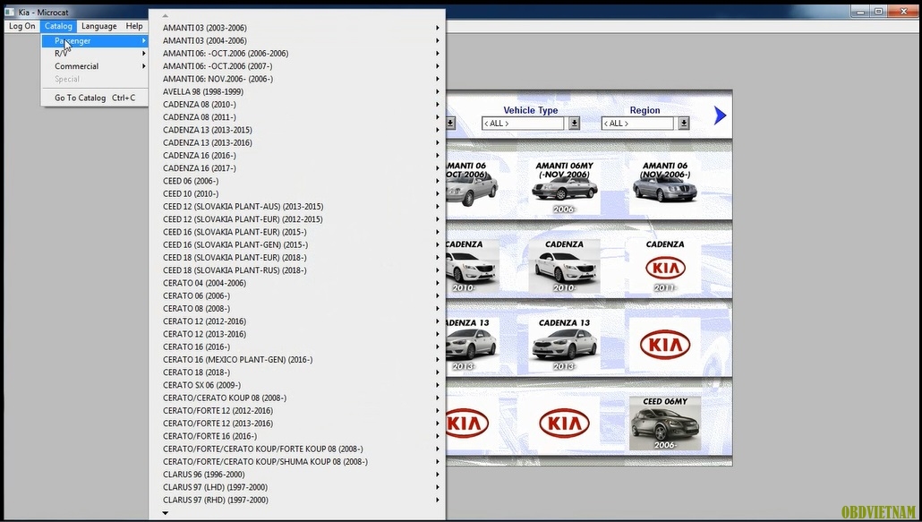 Các dòng xe hỗ trợ, phần mềm Kia microcat V6