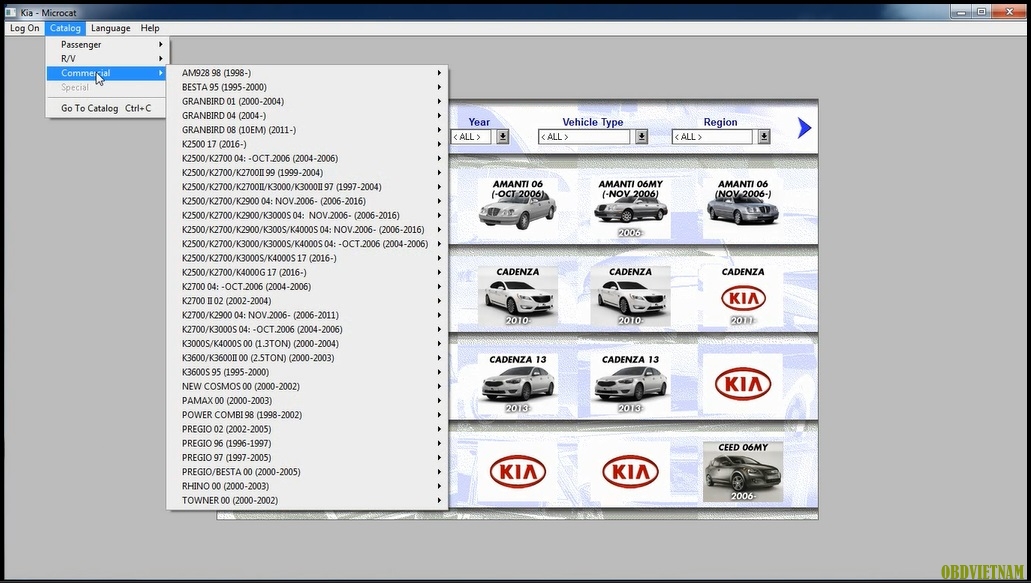 Các dòng xe hỗ trợ, phần mềm Kia microcat V6